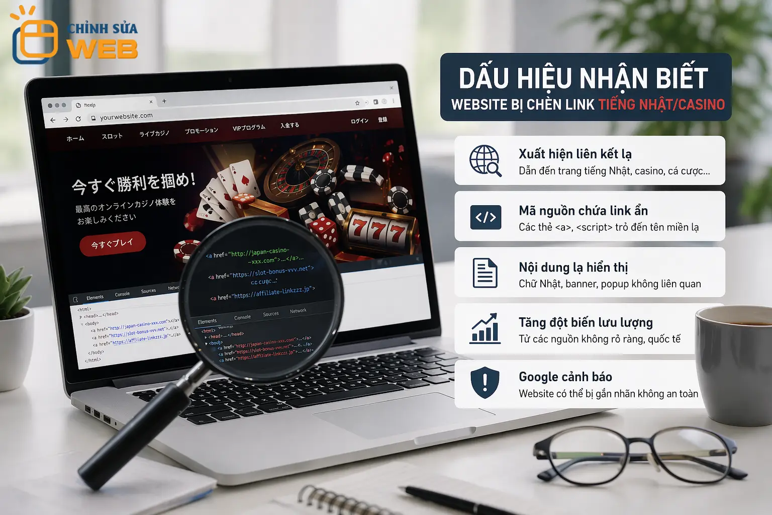 Dấu hiệu nhận biết website bị chèn link tiếng Nhật/casino Dấu hiệu nhận biết website bị chèn link tiếng Nhật/casino