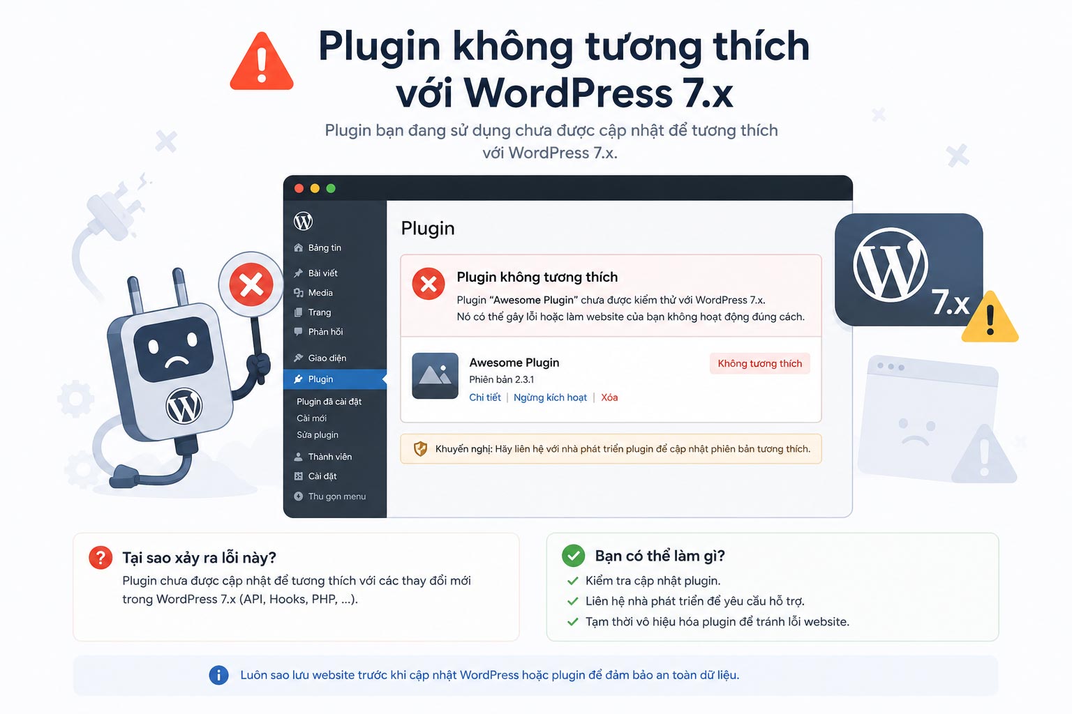 Plugin không tương thích với wordpress 7.0